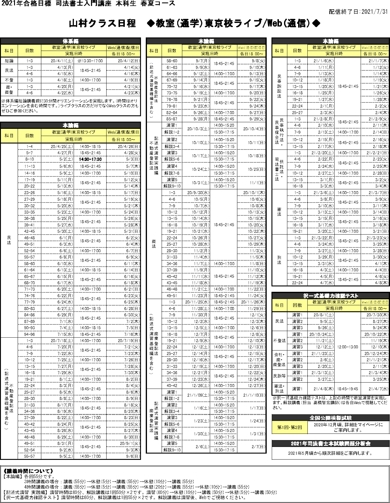 2021年合格目標 司法書士試験入門講座 本科生 春夏コース | 対策講座