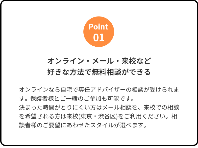 オンライン・メール・来校など好きな方法で無料相談ができる